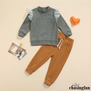 Chf-2 piezas niños traje conjunto, encaje recorte O-cuello de manga larga jersey+pantalones largos para la primavera otoño, 1-6 años