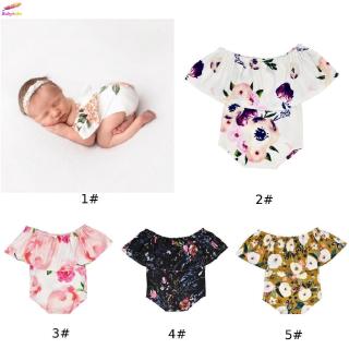 precioso volantes playa floral fotografía accesorios de verano bebé de una pieza disfraz de bebé recién nacido hombro fuera mono (3)