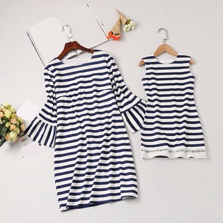 ❀ifashion1❀ Stripe Mother-Daughter Dresses Summer Round Collar Family Matching Outfits