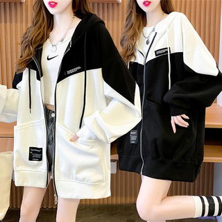 ♚Lazy style loose hooded sweater women ins tide 2021 autumn new mid-length large size Korean cardigan jacket