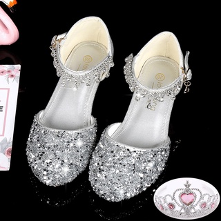 Zapatos de cuero de las niñas zapatos de tacón alto niñas pequeñas pasarela rendimiento zapatos, princesa zapatos de los niños Frozen princesa cristal lentejuelas