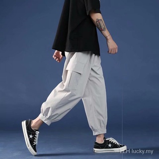 Pantalones de verano de los hombres de estilo coreano de moda recortado Casual Bloomers de moda de la marca suelta pantalones de carga deportes tobillo atado pantalones harén (1)