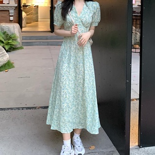 V-cuello burbuja manga vestido floral de las mujeres verano 201 nuevo té rotura francés suave viento cintura cierre temperamento falda larga