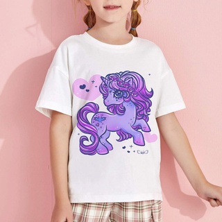 Lindo Pony unicornio impresión chica verano blanco T-Shirt niños BAJU cómodo T-Shirt hombres y mujeres moda niños manga corta cuello redondo camisa animada y juvenil