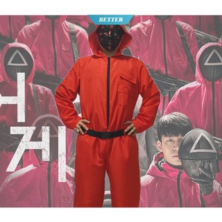 Red JumpsuitSquid Game villain NPC Cometume + Mask Set COS Drama coreano Villain Horror Round Six para hombres adultos mujeres [BTR]
