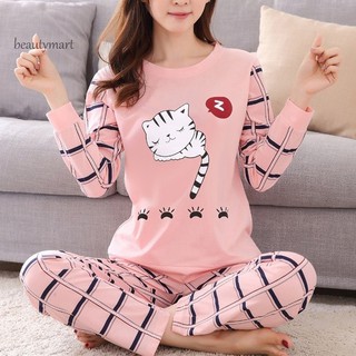 sy-winter lindo gato de dibujos animados impresión pijama conjunto de mujeres de dos piezas de manga larga ropa de dormir