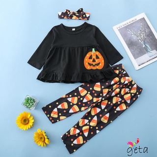 Ljw-Kids Girls - conjunto de ropa de Halloween, bordado de calabaza, manga larga, cuello en O, pantalones impresos y bufanda