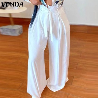 Vonda Women Casual Solid Color Loose High Waist Belted Wide Leg Long Trousers (4)