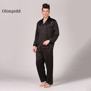 {oli} Moda Color sólido suave de manga larga pantalones transpirables hombres ropa de dormir pijamas conjunto (6)
