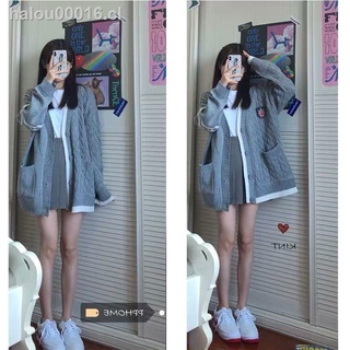 in stock✧❀Gray sweater cardigan jacket female college style 2021 early autumn new lazy style thin Korean pleated skirt suit (1)