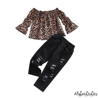 Hian-little girl camiseta y pantalones traje de moda leopardo trompeta manga Tops y Jeans rasgados