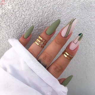 24pcs uñas verdes parche pegamento tipo extraíble párrafo largo moda manicura uñas postizas parche regalos para niñas