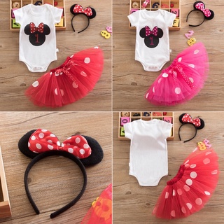 Bebé niñas Minnie Mouse punteado fiesta mameluco falda diadema conjuntos de ropa (3)