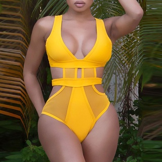 Sexy color sólido para mujer Bikini body de una pieza hueco traje de baño de Moda verano V Profundo Bikini ropa de playa