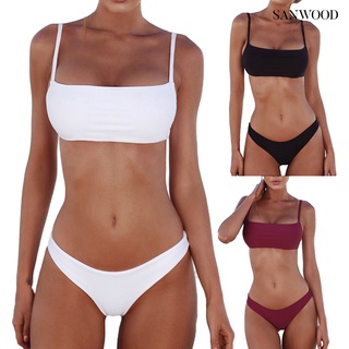 Color sólido de las mujeres superior acolchado sujetador de cintura alta bragas Bikini conjunto