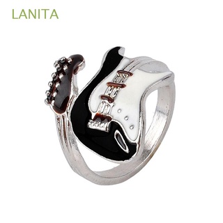 lanita nueva joyería de las mujeres de la moda negro blanco color engrasado anillo de aleación amantes personalidad especial estilo punk barniz guitarra