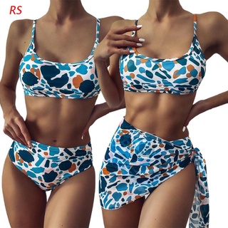 RS Sexy 3pcs Swimsuit Set Women Blue Leopard Print Bikini with Sarong Beach Skirt