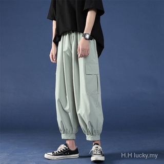 Pantalones de verano de los hombres de estilo coreano de moda recortado Casual Bloomers de moda de la marca suelta pantalones de carga deportes tobillo atado pantalones harén (9)