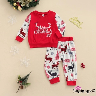 Av Unisex bebé navidad conjunto de ropa, ciervo impresión de manga larga O-cuello camiseta+pantalones elásticos de cintura