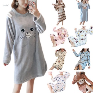 lucky* Womens Winter Thicken Flannel Long Sleeve Nightgown Cute Cartoon Animal Bear Printed Sleepwear Sweet Student Loose Knee Length Nightdress