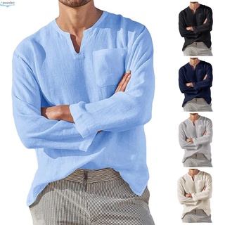 Camisa Tee Tops Cuello En V Lino Manga Larga Bolsillos Para Hombre Solo Pecho Color Sólido (1)