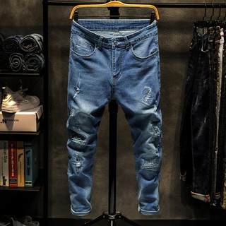 Hombres hombre hombre Ripped Jeans agujeros Denim pantalones largos azul Slim Fit