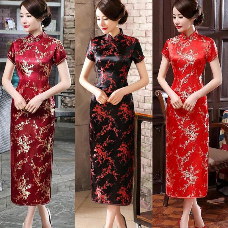 Más el tamaño rojo Bodycon Cheongsam Qipao chino largo señoras Split vestido Tang traje