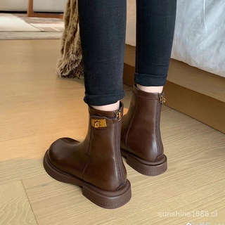 💖✨Ready Stock💎✨Gu Yun Dr. Martens Boots Female2021Autumn and Winter Fleece-Lined Thickened British Style round Head Back Zipper Platform Chunky Heel Booties Women's