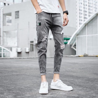 Jeans de los hombres delgado agujero tendencia guapo 9 puntos pantalones de moda de los hombres slim fit pequeño pie 9 puntos casual (9)
