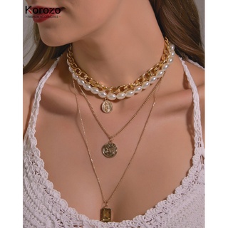 [KOROZO] Monedas Vintage Y Collar De Piedras Preciosas / Collar De Perlas Multicapa Barroco / Cadena De Suéter Larga Personalizada (1)