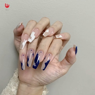 24pcs blanco azul desgaste párrafo largo moda manicura parche uñas postizas ahorrar tiempo Wearable parche de uñas