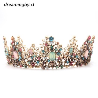 dreamingby.cl Vintage Baroque Wedding Round Tiara Crown Colorful Crystal Rhinestone Jewelry Princess Bridal Prom Headpiece Royal Queen Hair Accessories for Women Girls
