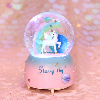 Unicornio giratorio luminoso bola de cristal lámpara de Color de nieve juguetes musicales caja creativa cumpleaños