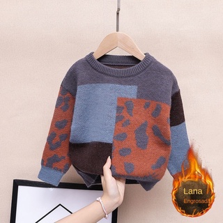 Descubra los nuevos jerseys para niños más un suéter grueso de terciopelo, la versión coreana de otoño e invierno para niños grandes de la camisa de punto cálido de estilo occidental