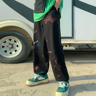harajuku estilo casual pantalones para hombre sueltos estudiantes versión coreana de la tendencia de la recta cordón pantalones calle hip-hop impresión unisex pareja pantalones unisex