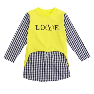 Ord7-Baby costura camisa con patrón de cuadros, impresión de letras clásica cuello redondo ropa de primavera
