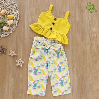Baby Girl Two-piece Set Yellow Button Tops Printed Long Pants Outfits Summer Clothes