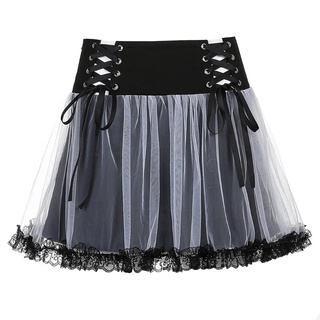 sim Women High Waist Double Layer Mesh Tulle Cross Tied Up Ruffle Pleated Mini Skirt
