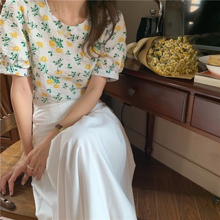 Coreano Floral manga corta Top + cintura alta falda plisada traje de mujer