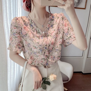 2021Nueva camisa de gasa de verano camisa de manga corta de moda para mujer estilo occidentalVCuello Floral campana manga suelta (4)