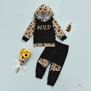 XZQ7-Niños Niñas Casual Conjunto De Ropa , Negro Leopardo Y Letras Impreso Patrón Sudadera Con Capucha Y Pantalones Elásticos Cintura