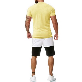 ☽Uf♣Conjunto de ropa deportiva de estilo deportivo para hombre, bloqueo de Color, manga corta, cuello redondo, camiseta con pantalones cortos (4)