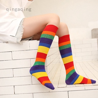 Qingaqing [] niños arco iris rayas calcetines niños niñas niños colorido suave algodón rodilla calcetines altos niño de alta calidad calcetines largos
