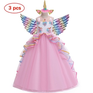 Unicornio vestido de niña día ropa de fiesta encaje trajes de frontera disfraces de Halloween + alas + esquina (1)