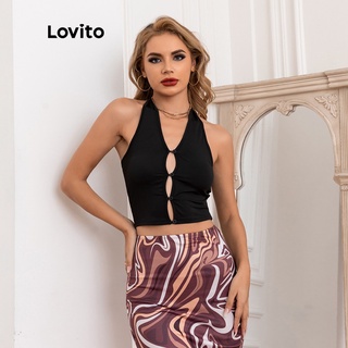Lovito Tank Top Cut-Out Sexy Liso Halter sin Espalda L06145 (Negro)