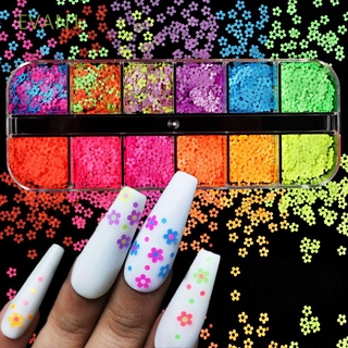 EVAN1 Salon Fluorescence Glitter Flakes Girl Women 3D Nail Decorations Neon Flower Nail Sequins Creative 12 Grids Gel Polish DIY Nail Art Manicure Accessories Spring Nail Art Slices/Multicolor