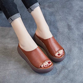 las mujeres zapatillas peep toes cuñas plataformas sandalias de cuero suave sandalias