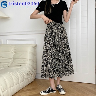 tristen02360 Women High-waisted Floral Skirt Summer Long Skirt Chemical Fiber Blended Printed Skirt