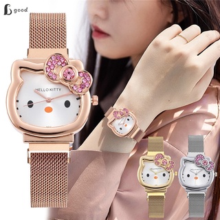 Children's Quartz Gold Watch with Mesh Strap and Waterproof Watch with kT Cat for Girls