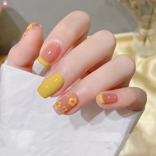 24pcs flor amarilla impresa uñas parche tipo pegamento párrafo corto moda manicura uñas postizas ahorrar tiempo parche de uñas